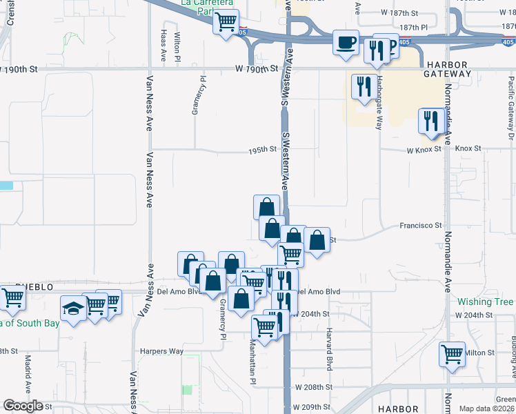map of restaurants, bars, coffee shops, grocery stores, and more near 1843 Western Way in Torrance