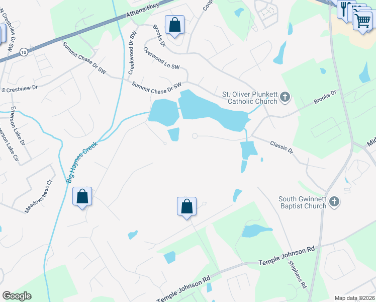 map of restaurants, bars, coffee shops, grocery stores, and more near 1382 Green Turf Dr in Snellville