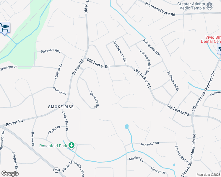 map of restaurants, bars, coffee shops, grocery stores, and more near 2314 Ivey Springs Trail in Stone Mountain