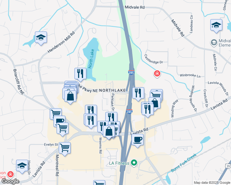map of restaurants, bars, coffee shops, grocery stores, and more near in DeKalb County