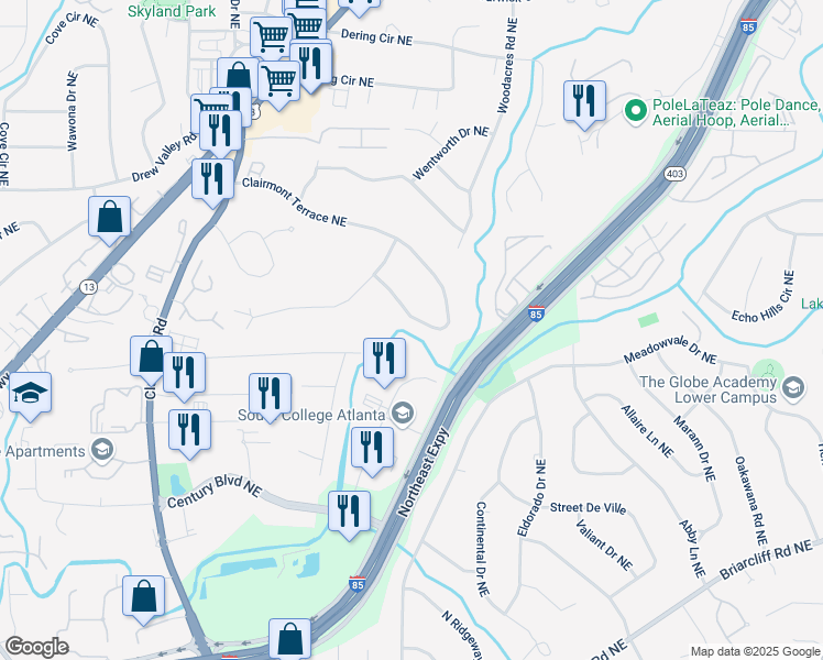 map of restaurants, bars, coffee shops, grocery stores, and more near 2184 Clairmont Terrace Northeast in Atlanta