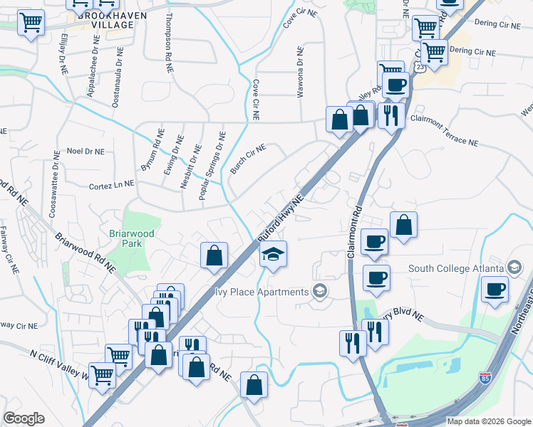 map of restaurants, bars, coffee shops, grocery stores, and more near 3626 Buford Highway Northeast in Atlanta
