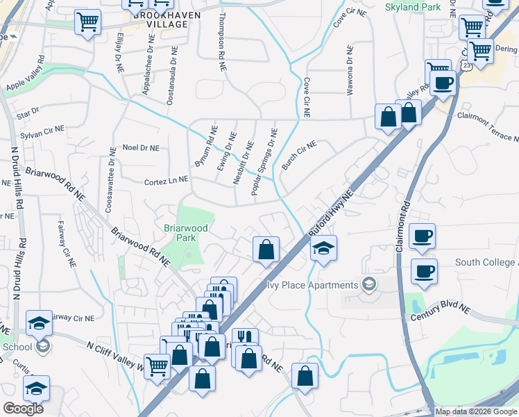 map of restaurants, bars, coffee shops, grocery stores, and more near 2188 Drew Valley Road Northeast in Atlanta