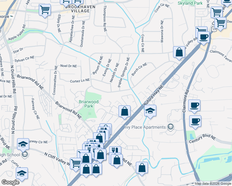 map of restaurants, bars, coffee shops, grocery stores, and more near 2135 Drew Valley Road Northeast in Atlanta