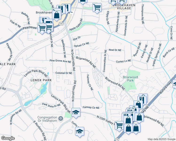 map of restaurants, bars, coffee shops, grocery stores, and more near 1282 Fairhill Lane Northeast in Atlanta