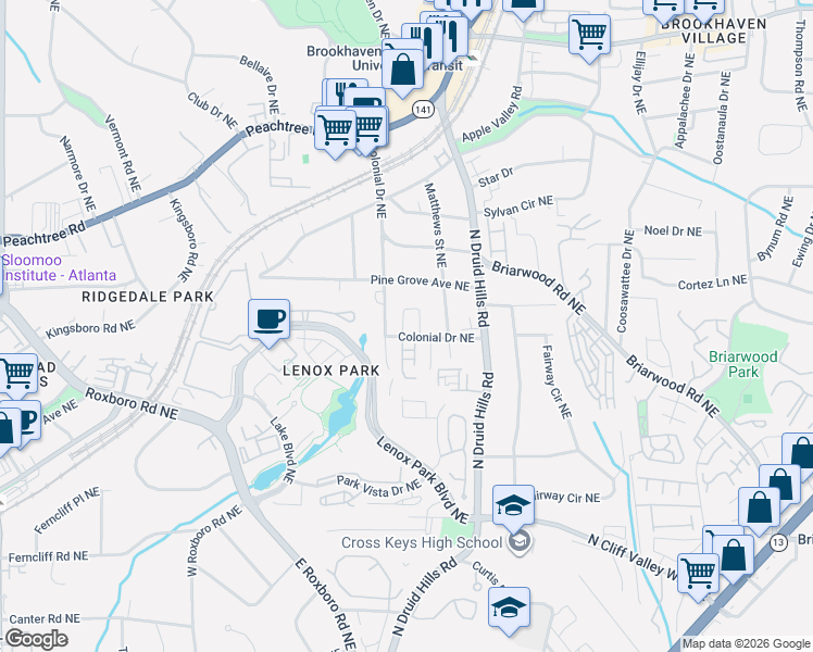 map of restaurants, bars, coffee shops, grocery stores, and more near 1150 Brookhaven Woods Court in Atlanta