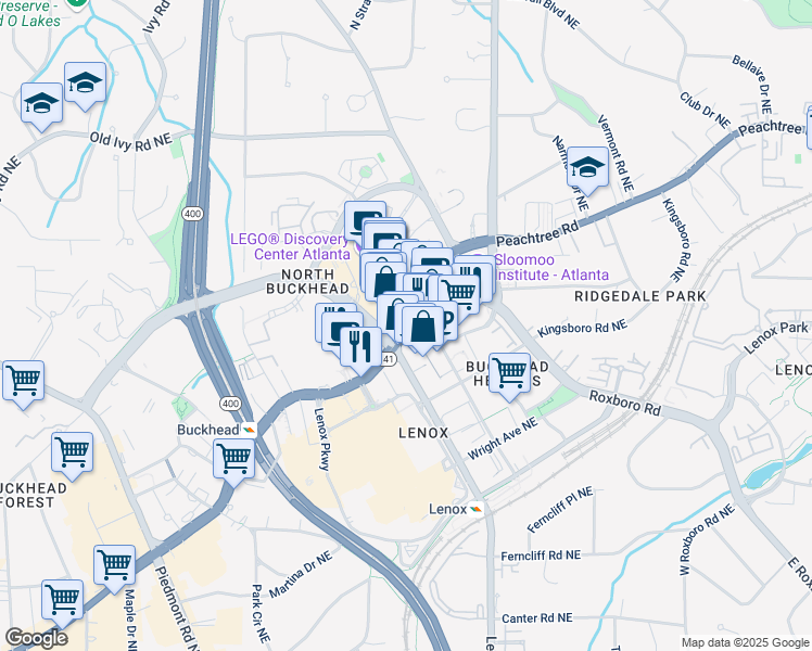 map of restaurants, bars, coffee shops, grocery stores, and more near 3438 Peachtree Road in Atlanta