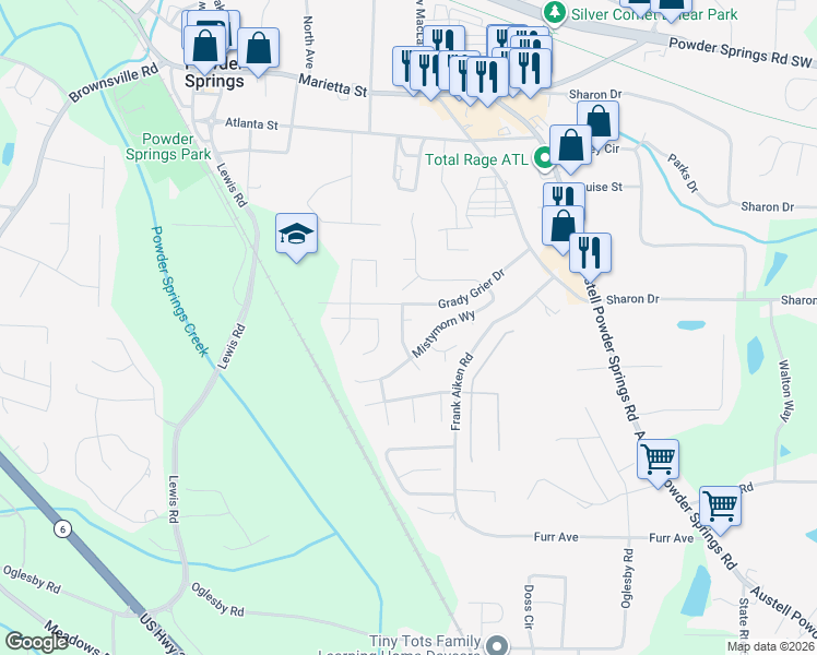 map of restaurants, bars, coffee shops, grocery stores, and more near 4303 Morningside Drive in Powder Springs