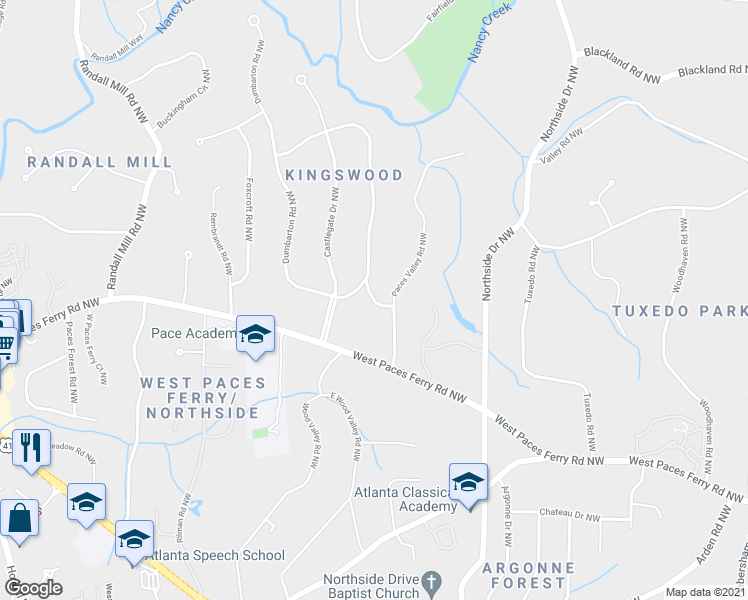 map of restaurants, bars, coffee shops, grocery stores, and more near Kings Way NW in Atlanta