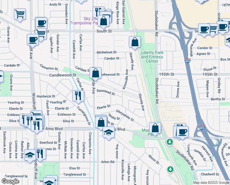 map of restaurants, bars, coffee shops, grocery stores, and more near 6513 Denmead Street in Lakewood
