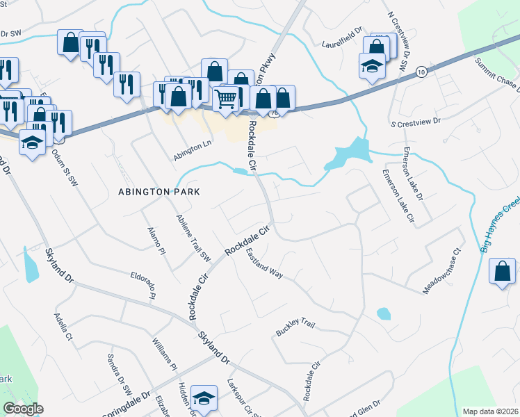 map of restaurants, bars, coffee shops, grocery stores, and more near 1725 Rockdale Circle in Snellville