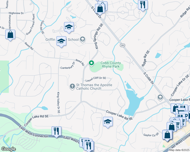 map of restaurants, bars, coffee shops, grocery stores, and more near 1237 Laurel Cliff Drive Southeast in Smyrna