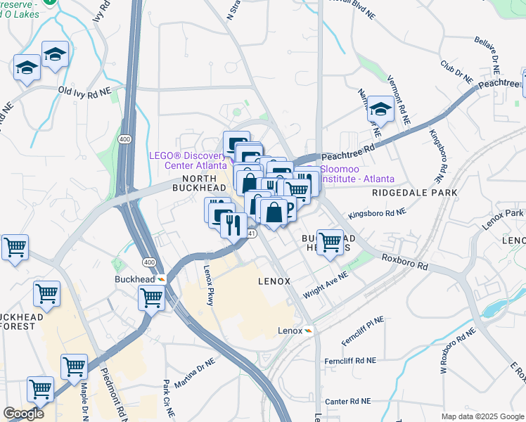 map of restaurants, bars, coffee shops, grocery stores, and more near 3330 Peachtree Road in Atlanta