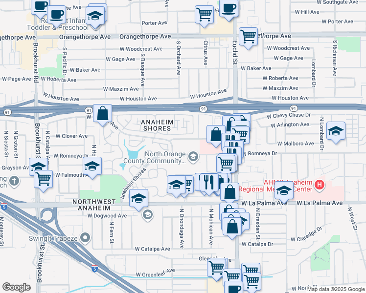 map of restaurants, bars, coffee shops, grocery stores, and more near 1880-1884 West Romneya Drive in Anaheim