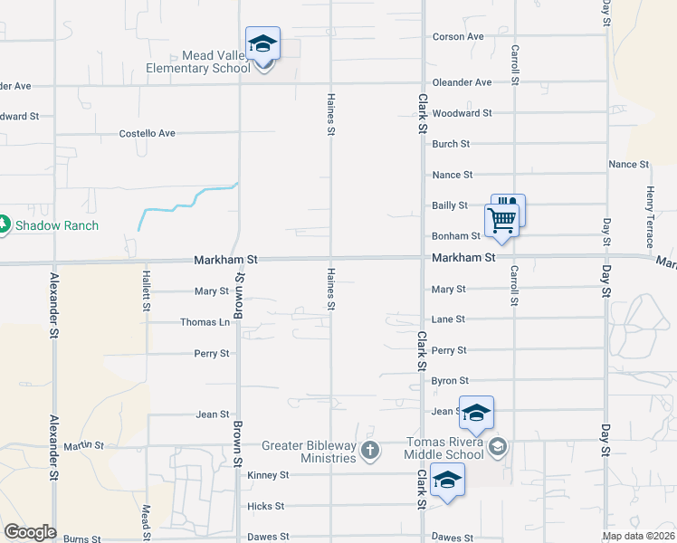 map of restaurants, bars, coffee shops, grocery stores, and more near 18560 Haines Street in Perris
