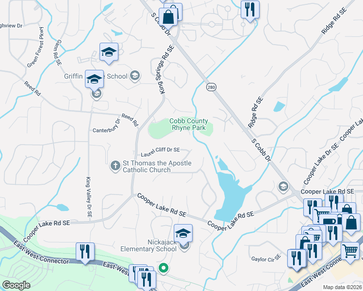 map of restaurants, bars, coffee shops, grocery stores, and more near 4248 Laurel Brook Drive in Smyrna