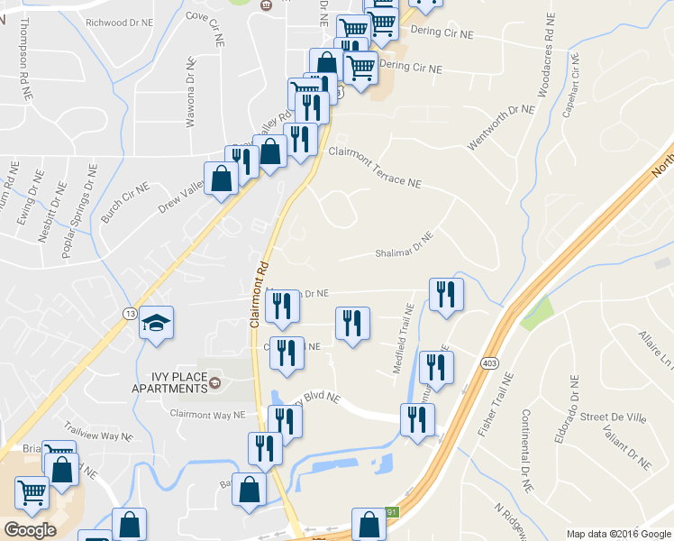 map of restaurants, bars, coffee shops, grocery stores, and more near 1887 Shalimar Drive Northeast in Atlanta