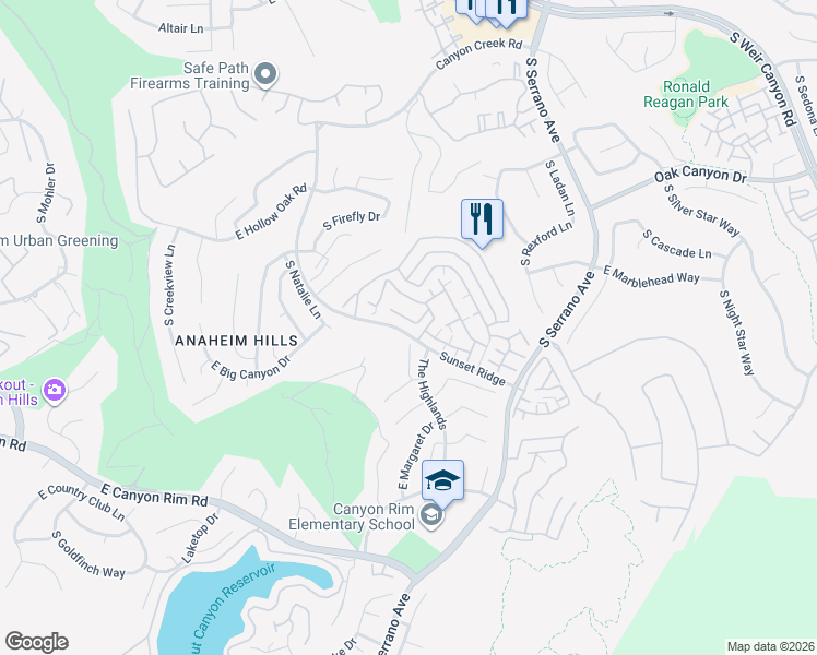 map of restaurants, bars, coffee shops, grocery stores, and more near 7920 East Menton Avenue in Anaheim