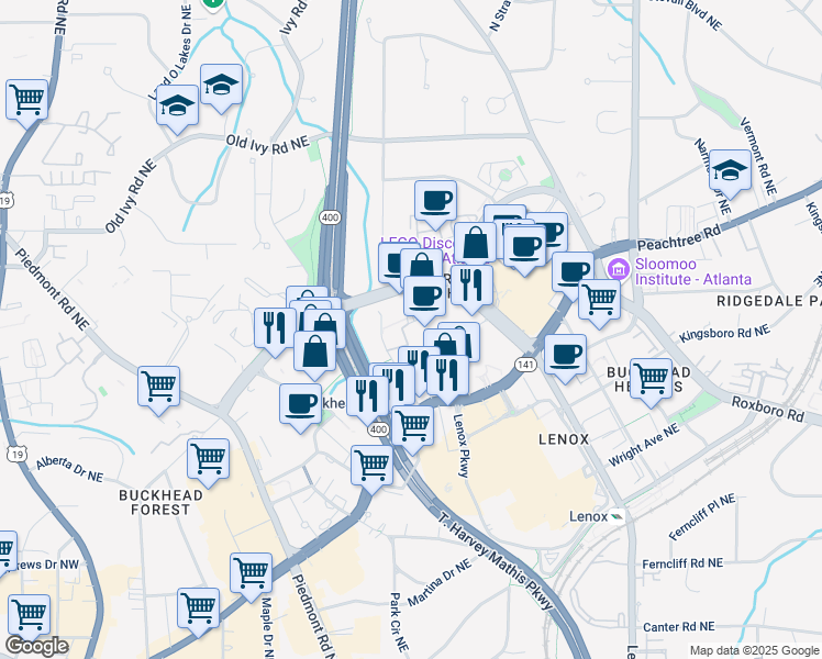 map of restaurants, bars, coffee shops, grocery stores, and more near 3560 Lenox Road in Atlanta
