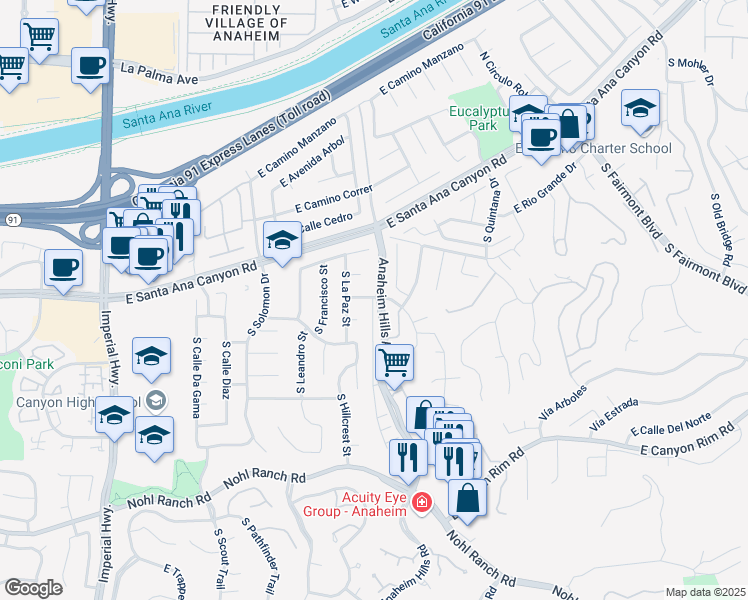 map of restaurants, bars, coffee shops, grocery stores, and more near 396 Auburn Heights Lane in Anaheim