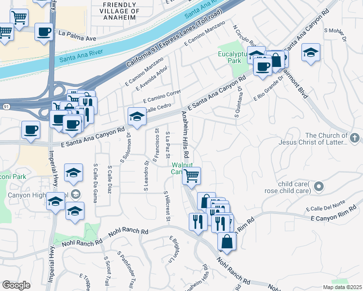 map of restaurants, bars, coffee shops, grocery stores, and more near Auburn Heights Lane in Anaheim