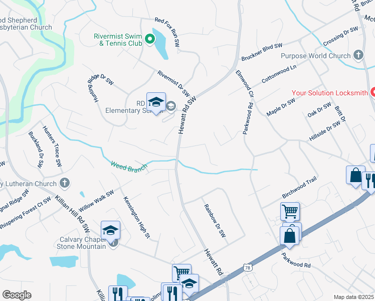 map of restaurants, bars, coffee shops, grocery stores, and more near 3717 Kelin Court Southwest in Lilburn