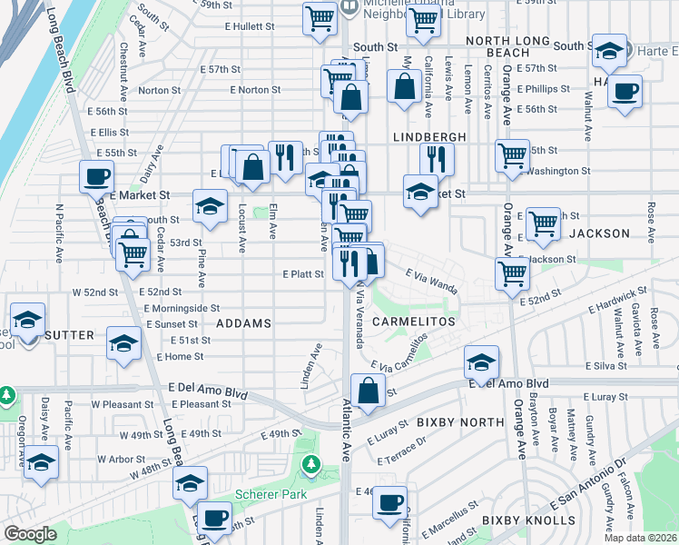 map of restaurants, bars, coffee shops, grocery stores, and more near 5225 Atlantic Avenue in Long Beach