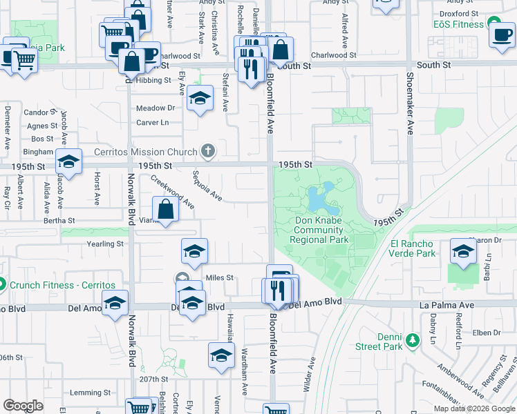 map of restaurants, bars, coffee shops, grocery stores, and more near 12520 Corellian Court in Cerritos