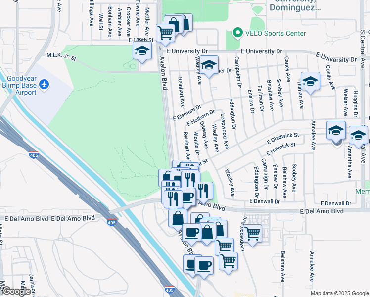 map of restaurants, bars, coffee shops, grocery stores, and more near 19724 Dunbrooke Avenue in Carson