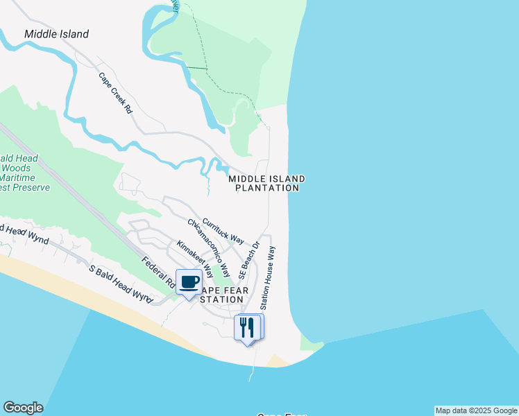 map of restaurants, bars, coffee shops, grocery stores, and more near East Beach Drive in Oak Island