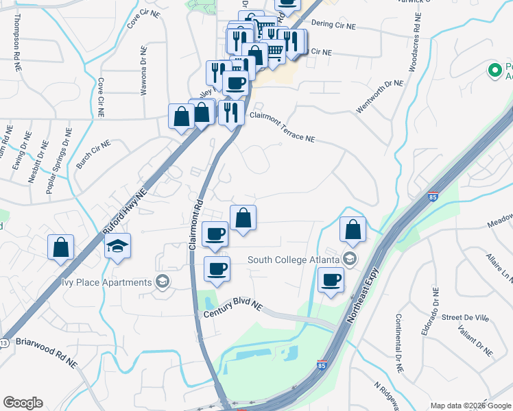map of restaurants, bars, coffee shops, grocery stores, and more near 2306 Tanglewood Circle Northeast in Atlanta
