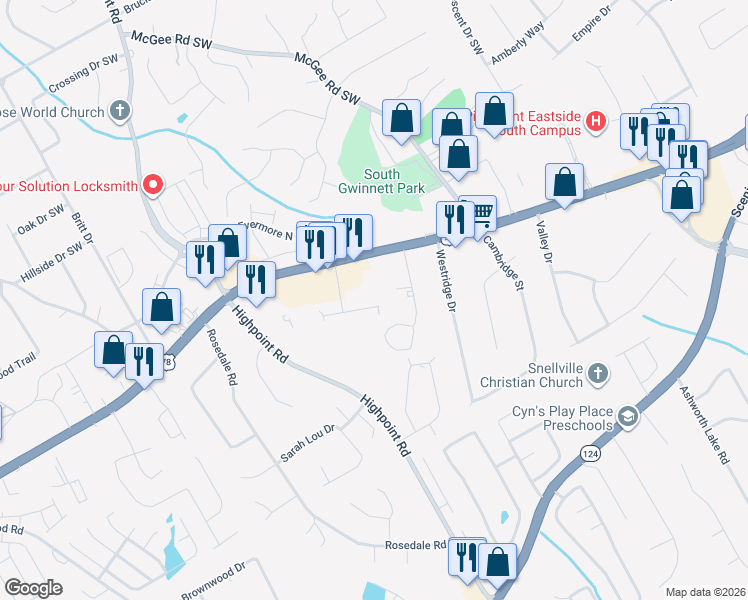 map of restaurants, bars, coffee shops, grocery stores, and more near 2240 Walton Court in Snellville
