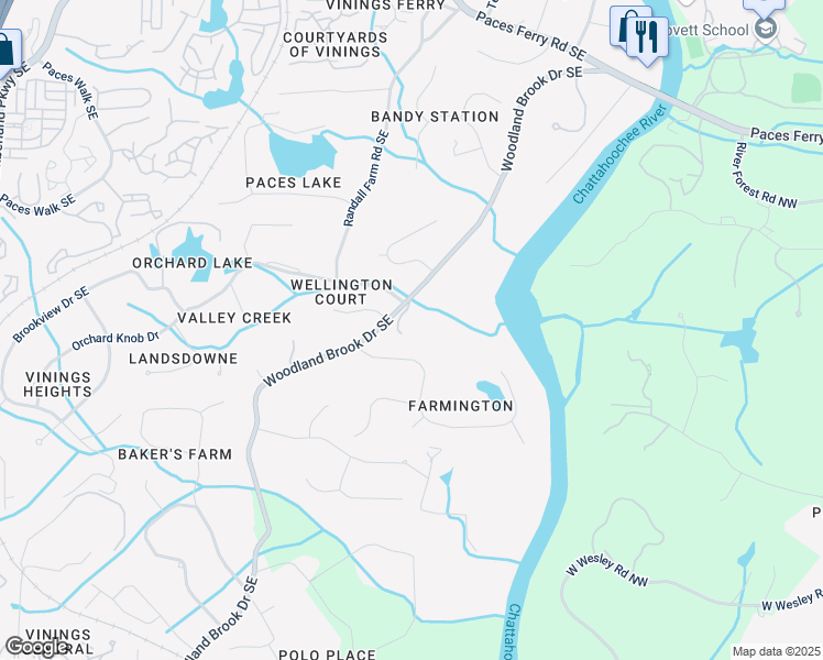 map of restaurants, bars, coffee shops, grocery stores, and more near 4195 Woodland Brook Drive Southeast in Atlanta