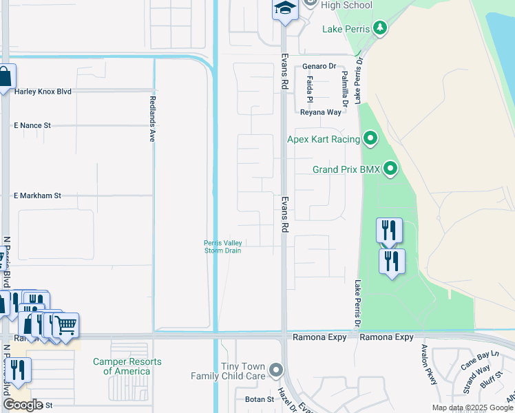 map of restaurants, bars, coffee shops, grocery stores, and more near 730 Kuchar Street in Perris