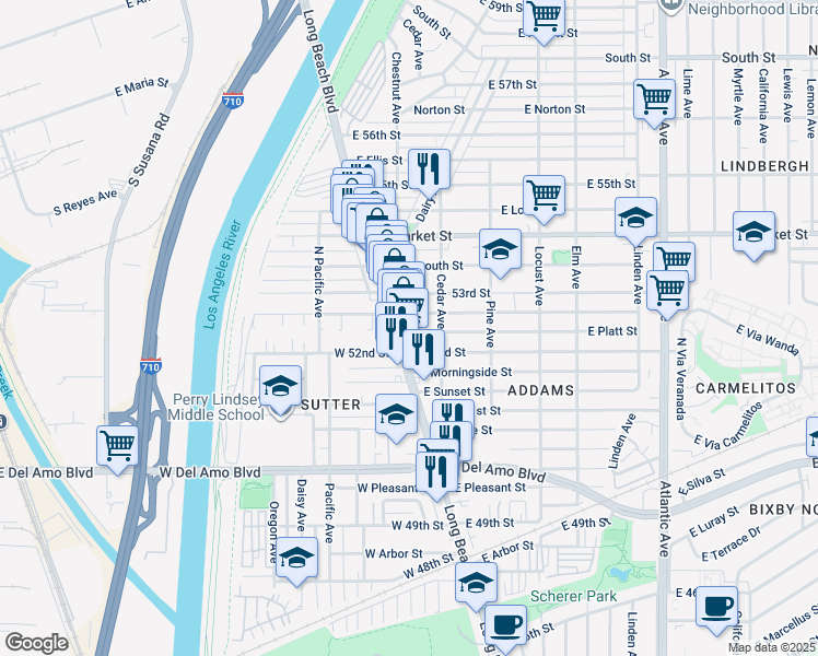 map of restaurants, bars, coffee shops, grocery stores, and more near 19 East Platt Street in Long Beach