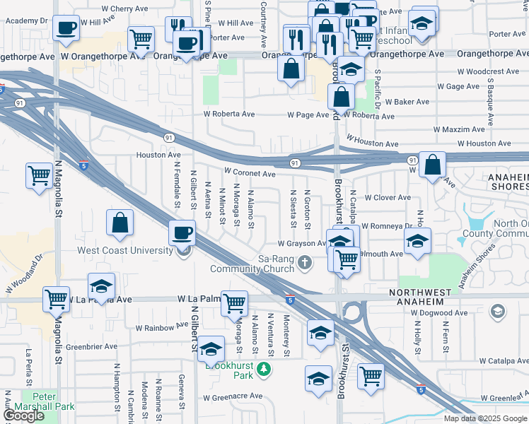 map of restaurants, bars, coffee shops, grocery stores, and more near 2273 West Clover Avenue in Anaheim