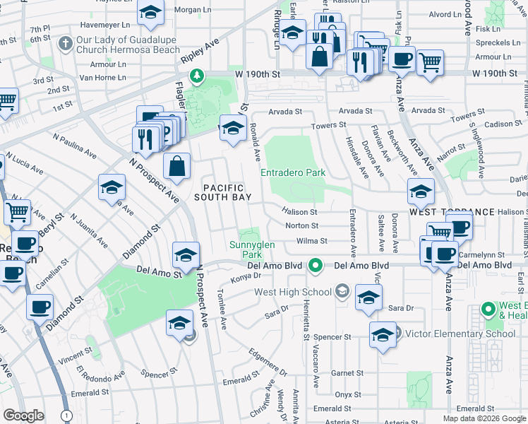 map of restaurants, bars, coffee shops, grocery stores, and more near 5540 Norton Street in Torrance