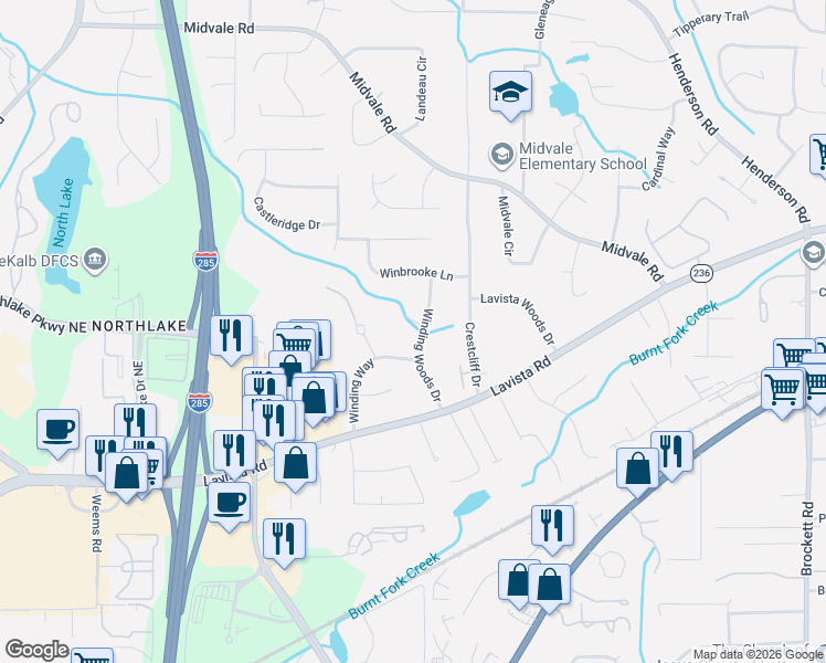 map of restaurants, bars, coffee shops, grocery stores, and more near 2290 Winding Woods Drive in Tucker