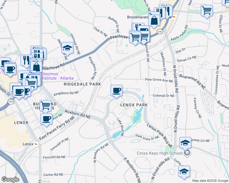 map of restaurants, bars, coffee shops, grocery stores, and more near 1050 Lenox Park Boulevard Northeast in Atlanta