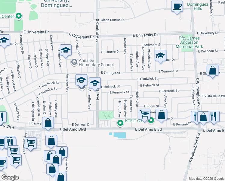 map of restaurants, bars, coffee shops, grocery stores, and more near 1343 East Fernrock Street in Carson