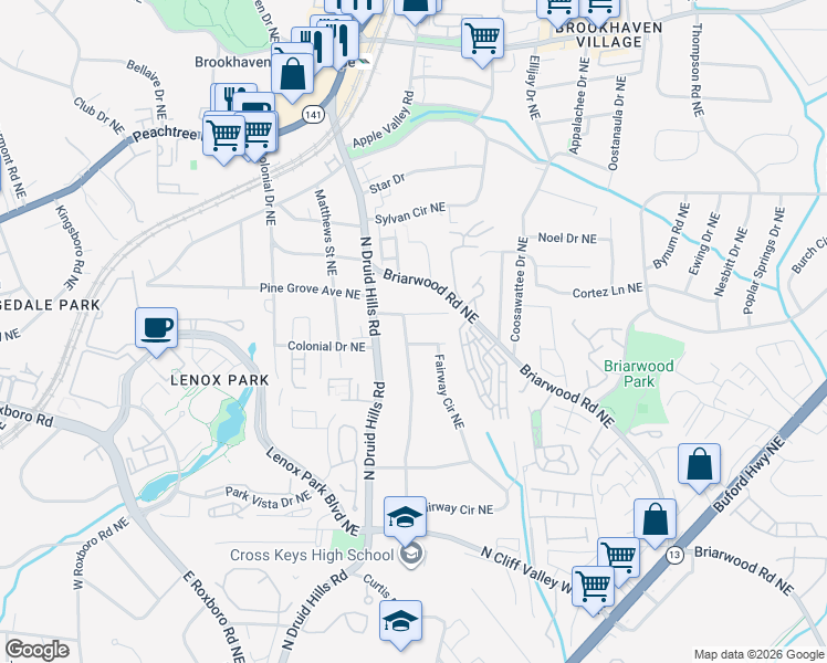 map of restaurants, bars, coffee shops, grocery stores, and more near 2277 Fairway Circle Northeast in Atlanta