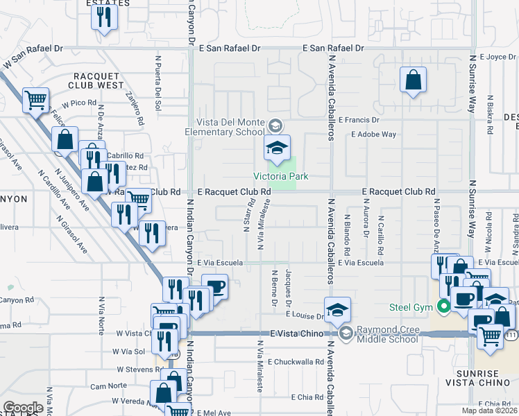 map of restaurants, bars, coffee shops, grocery stores, and more near 595 East Racquet Club Road in Palm Springs
