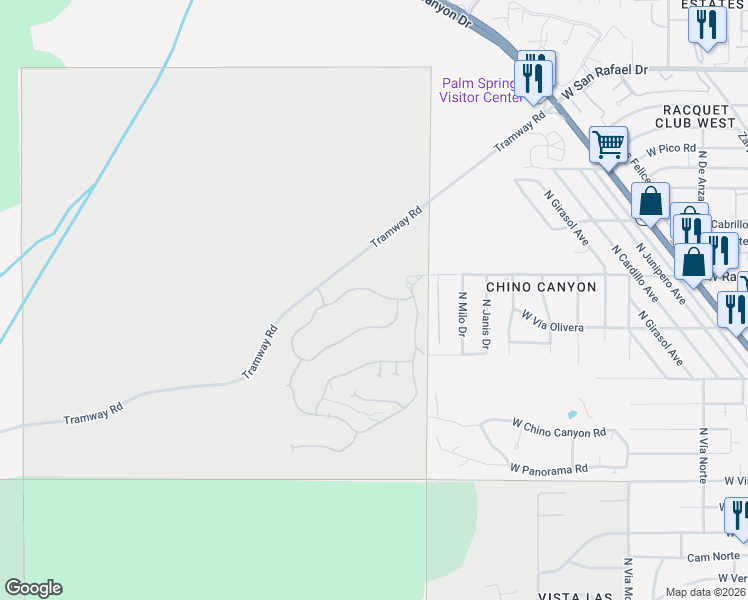 map of restaurants, bars, coffee shops, grocery stores, and more near 1101 West Racquet Club Road in Palm Springs