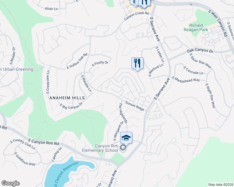 map of restaurants, bars, coffee shops, grocery stores, and more near 7741 East Portofino Avenue in Anaheim