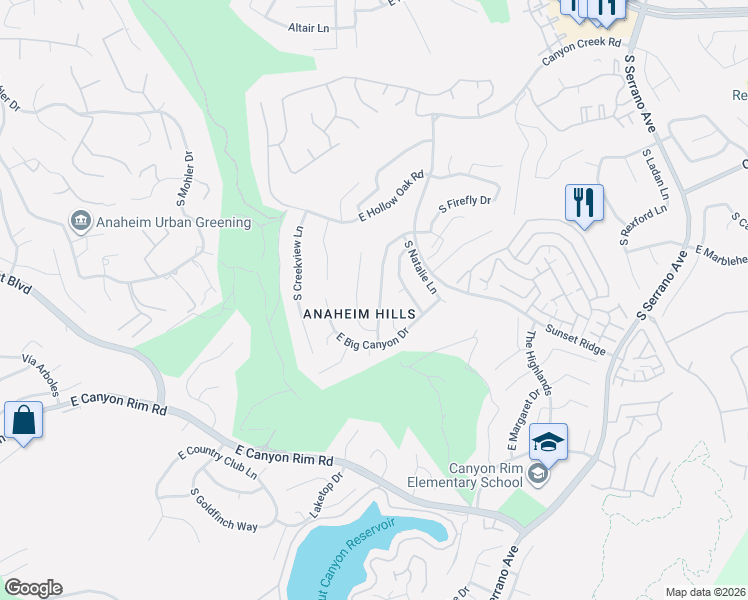 map of restaurants, bars, coffee shops, grocery stores, and more near 7581 East Moonridge Lane in Anaheim