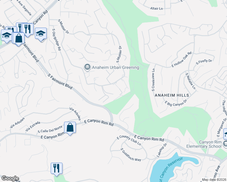 map of restaurants, bars, coffee shops, grocery stores, and more near 451 South Country Hill Road in Anaheim