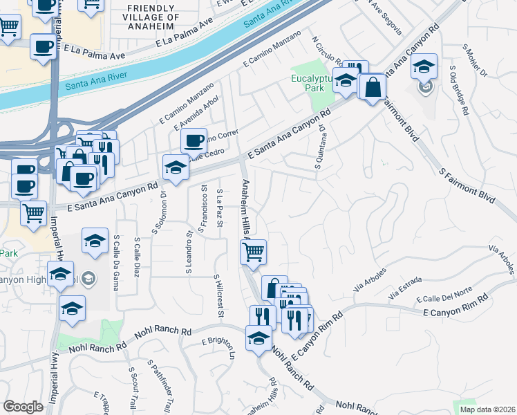 map of restaurants, bars, coffee shops, grocery stores, and more near 171 South Woodrose Court in Anaheim