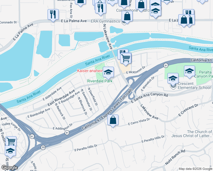 map of restaurants, bars, coffee shops, grocery stores, and more near 339 North Starfire Street in Anaheim