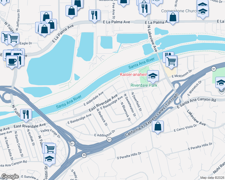 map of restaurants, bars, coffee shops, grocery stores, and more near 4401 East Alderdale Avenue in Anaheim