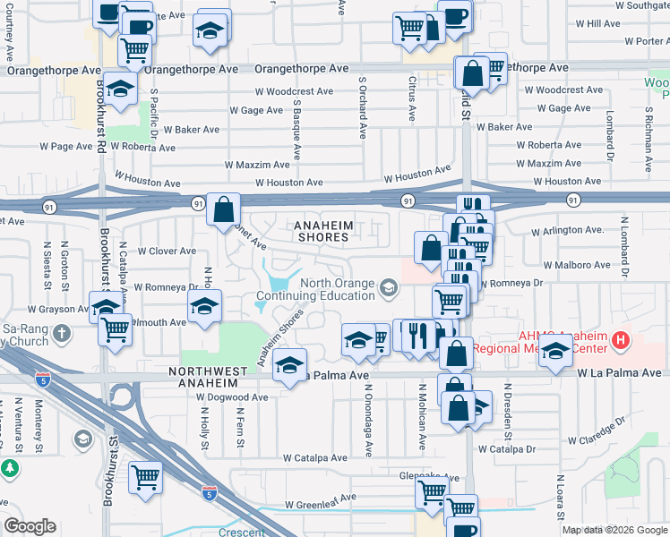 map of restaurants, bars, coffee shops, grocery stores, and more near 1318 Coronet Avenue in Anaheim